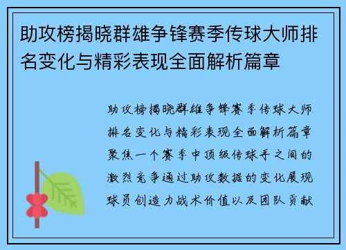 助攻榜揭晓群雄争锋赛季传球大师排名变化与精彩表现全面解析篇章 助攻榜揭晓群雄争锋赛季传球大师排名变化与精彩表现全面解析篇章